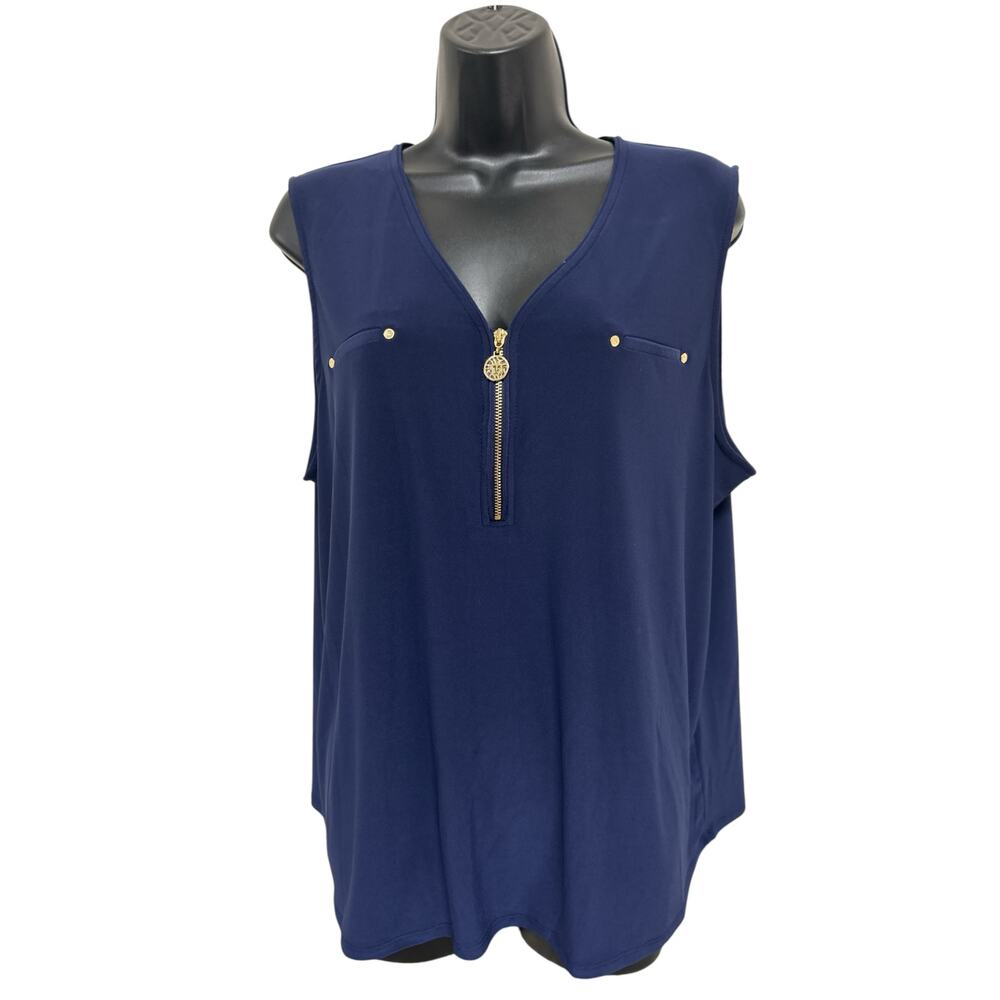 Anne Klein Navy Zip Front Sleeveless Blouse XL – Business Casual Work Top